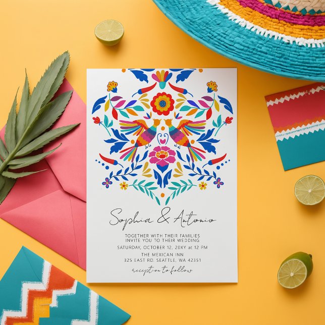Convite Casamento Vibrante De Aves Mexicanas Otomi Floral  (Vibrant Mexican Birds Otomi Floral Fiesta Wedding Invitation)
