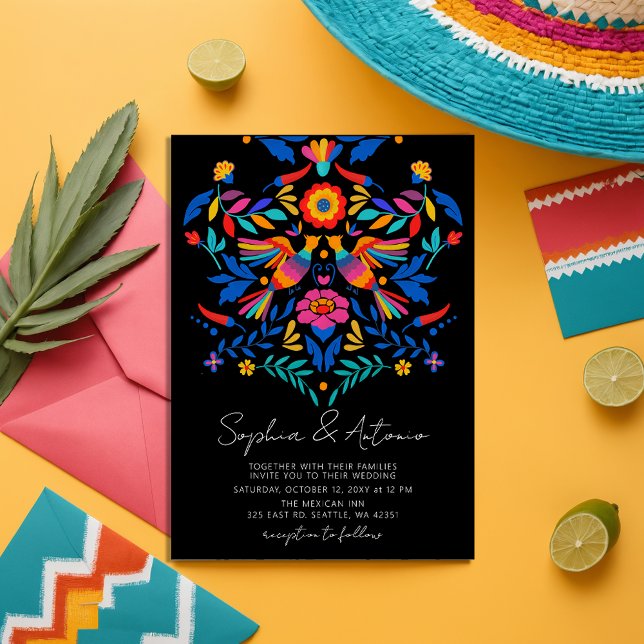 Convite Casamento Vibrante De Aves Mexicanas Otomi Floral  (Vibrant Mexican Birds Otomi Floral Fiesta Wedding Invitation)