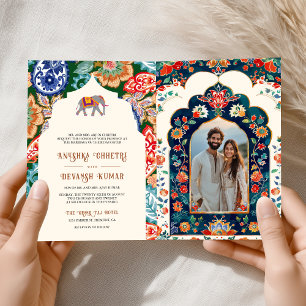 Convite Casamento Vibrante de Elefantes Folclóricos Indian