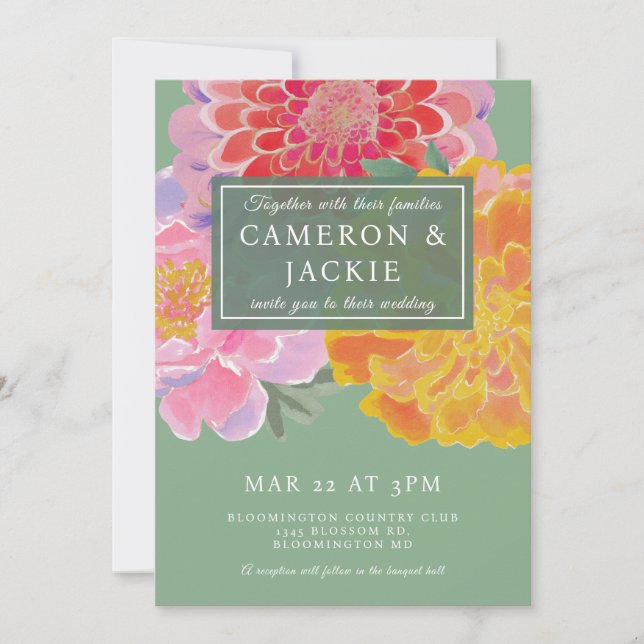 Convite Casamento Vibrante de Marigold e Zinnia (Frente)