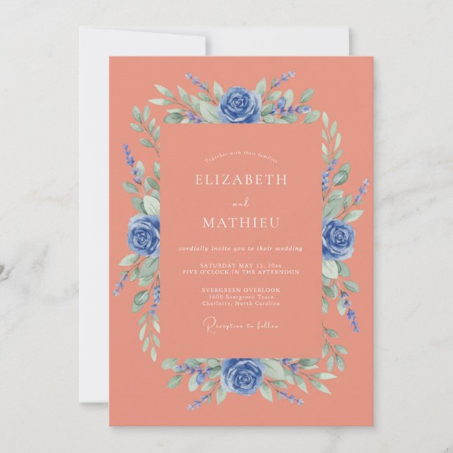 Convite Casamento Vibrante de Primavera Azul Coral (Frente)