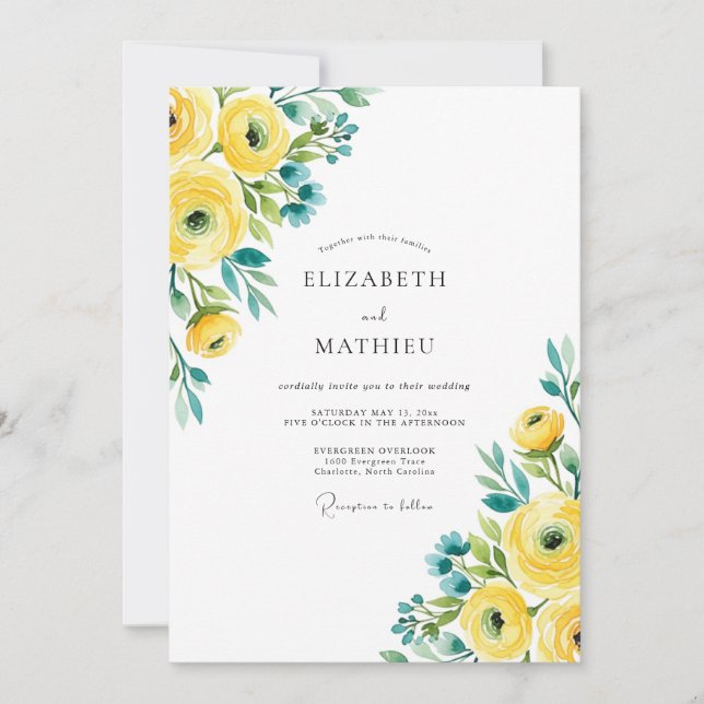 Convite Casamento Vibrante de Primavera com Amarelo e Azul (Frente)