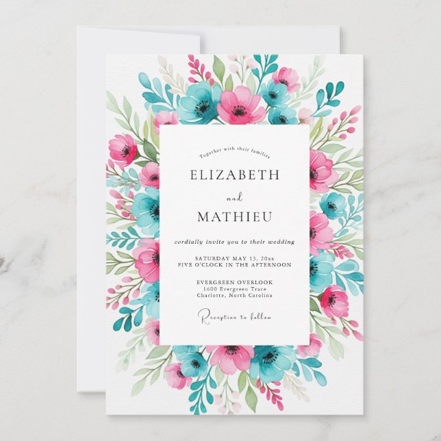 Convite Casamento Vibrante de Primavera com Tons de Teal e (Frente)
