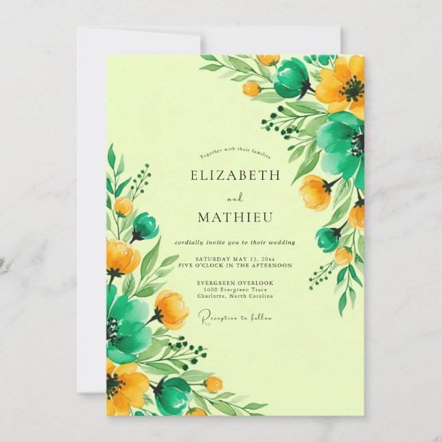 Convite Casamento Vibrante de Primavera em Verde Azul (Frente)