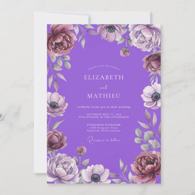 Convite Casamento Vibrante Violeta Anêmona (Frente)
