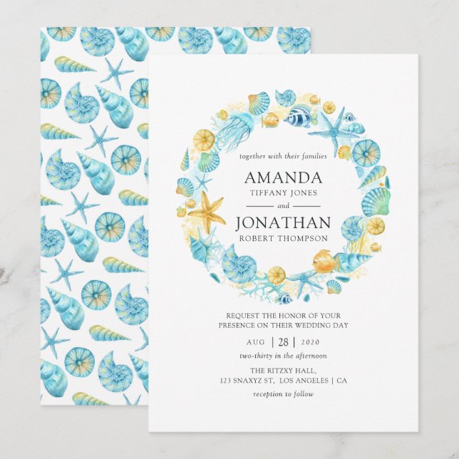 Convite Casamento Vida Marinha Azul e Amarelo (Frente/Verso)