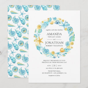 Convite Casamento Vida Marinha Azul e Amarelo