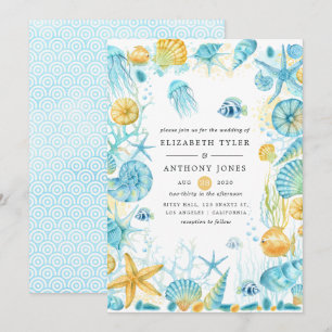 Convite Casamento Vida Marinha Azul e Amarelo