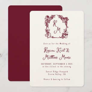 Convite Casamento Vineyard Crest Monograma Burgundy Wine