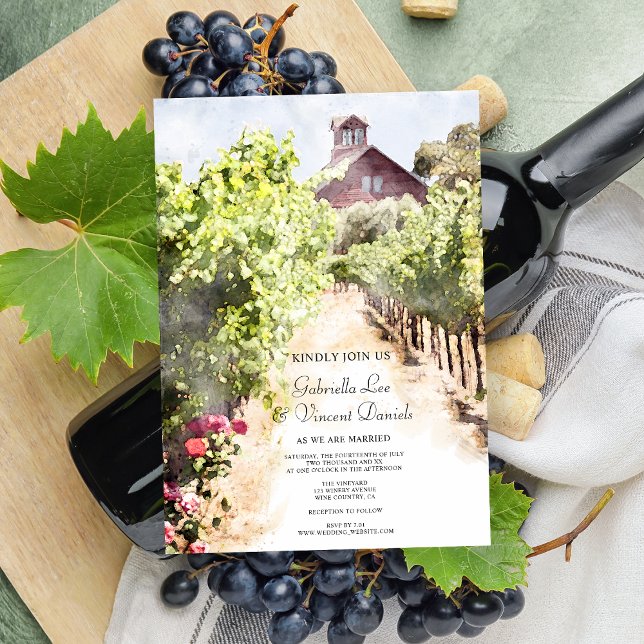 Convite Casamento Vineyard e Red Barn Watercolor (Pair with the matching rsvp cards to create a coordinated stationery set for your winery wedding.)