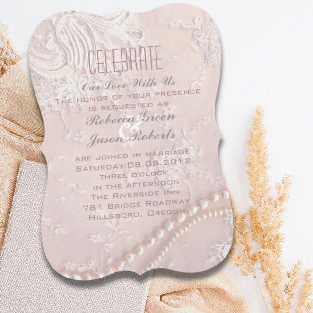 Convite Casamento vintage Art Deco pérola renda rosa bege (Art Deco vintage pearl lace blush pink wedding Invitation)