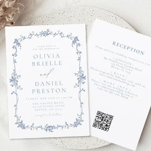 Convite Casamento vintage Azul do Código QR francês vitori