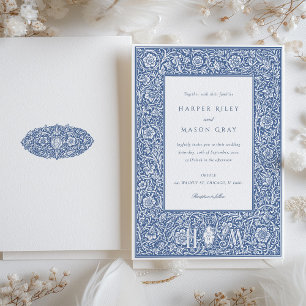Convite Casamento Vintage Azul no Estilo William Morris