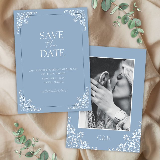 Convite Casamento vintage Azul Romântico Dusty (Elegant dusty blue save the date cards for wedding events with simple blue and white theme)
