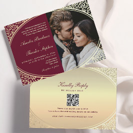 Convite Casamento Vintage Barroco em Burgundy e Dourado