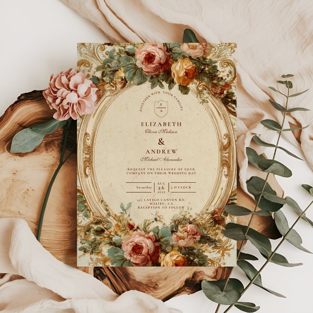 Convite Casamento Vintage Barroco Rosa (Criador carregado)