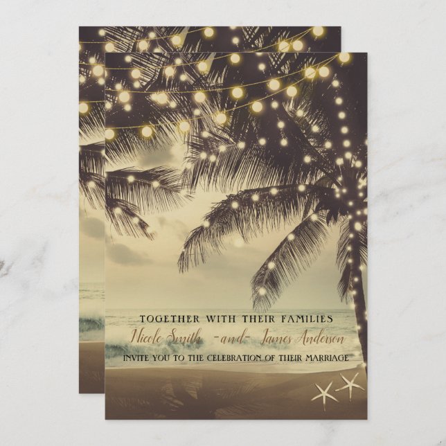 Convite Casamento Vintage Beach Ocean Palm Trees & Lights (Frente/Verso)