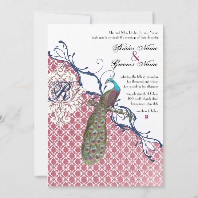 Convite Casamento Vintage Birds Navy Deep Raspberry Damask (Frente)