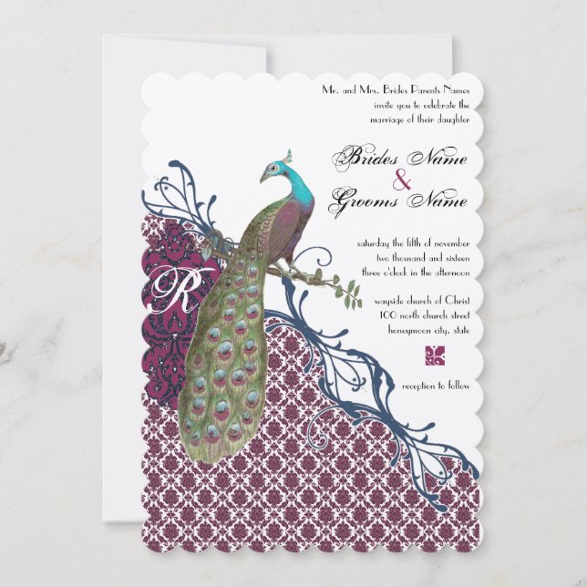 Convite Casamento Vintage Birds Navy Deep Raspberry Damask (Frente)