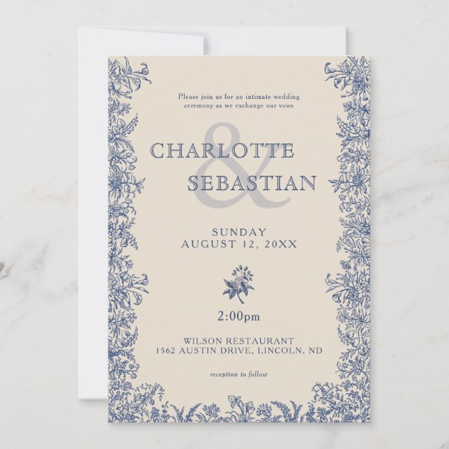 Convite Casamento vintage botânico elegante azul (Frente)