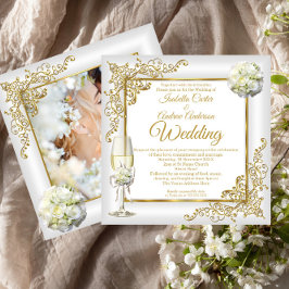 Convite Casamento Vintage Branco Champanhe Ouro Pérola Fot