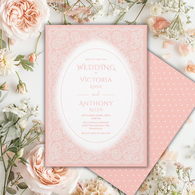 Convite Casamento Vintage Branco com Renda e Pêssego (Criador carregado)
