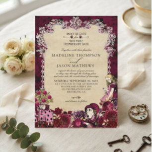 Convite Casamento Vintage Burgundy Dourado Alice no País d