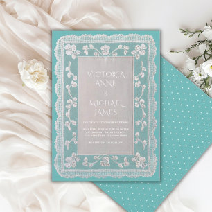 Convite Casamento Vintage Caprichoso com Renda Azul-Cinza