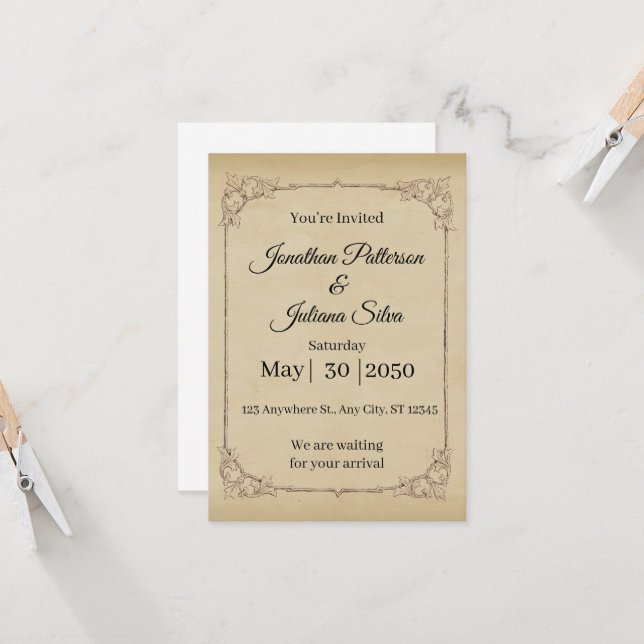 Convite Casamento vintage castanho (Frente/Verso In Situ)