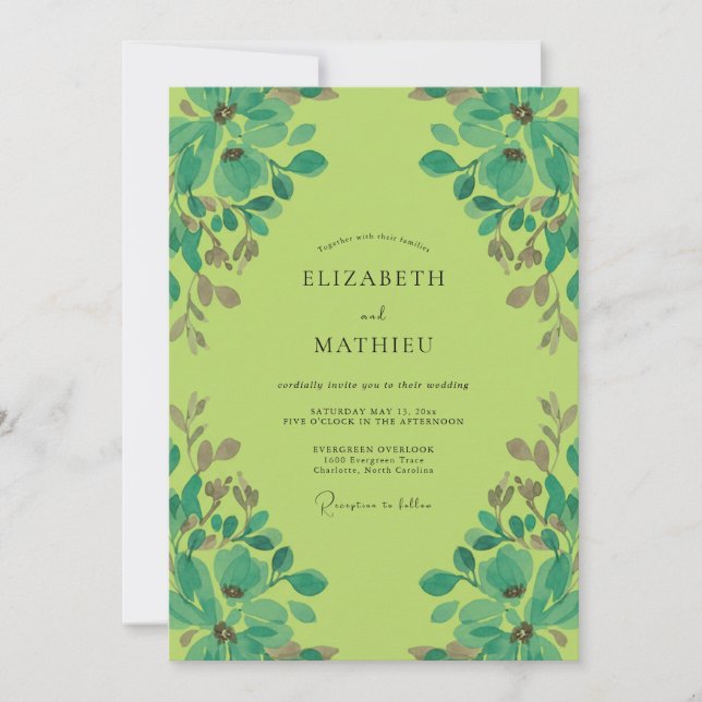 Convite Casamento Vintage Chartreuse Aqua Folhagem (Frente)