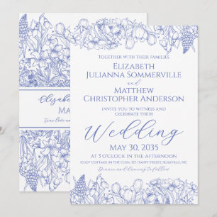 Convite Casamento Vintage com Arte em Linha Floral Azul El