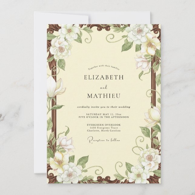 Convite Casamento Vintage Cream Magnolia (Frente)