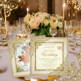 Convite Casamento Vintage Creme Bege Dourado Coração Pérol