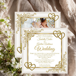 Convite Casamento Vintage Creme Branco Dourado Corações Fo