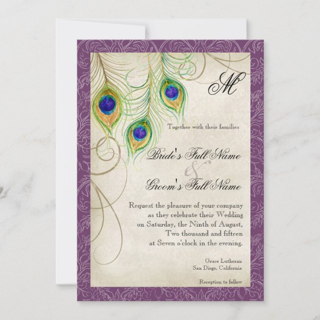 Convite Casamento vintage de Aquarela de Pêssego Púrpura (Frente)