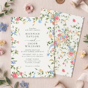 Convite Casamento Vintage de Flores Silvestres em Pastéis