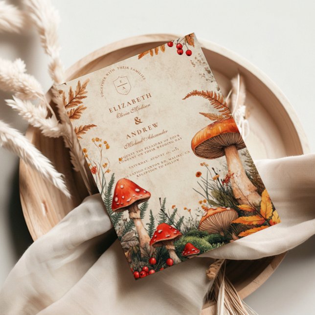 Convite Casamento Vintage de Fungos da Floresta (Criador carregado)