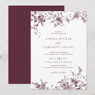 Convite Casamento vintage de Merlot Floral Elegante