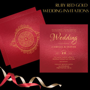 Convite Casamento vintage de Ornamentado Dourado Vermelho