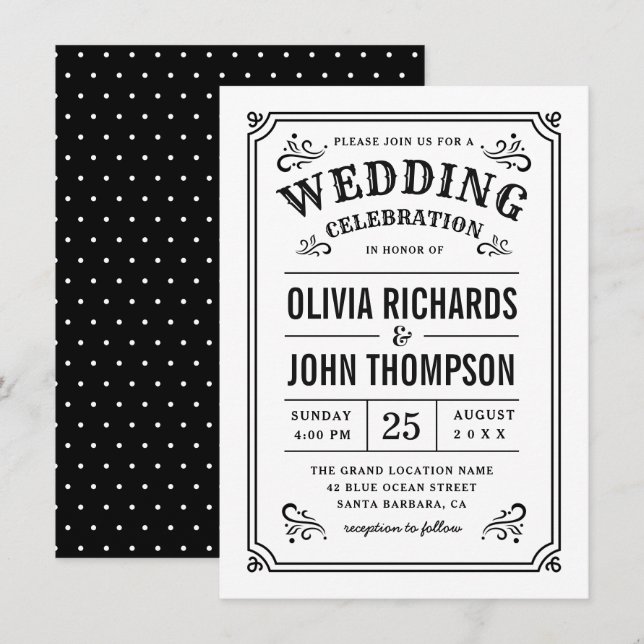 Convite Casamento vintage de Script Elegante Preto e Branc (Frente/Verso)