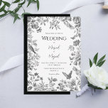 Convite Casamento vintage de Toile Preto e Branco<br><div class="desc">O elegante design preto e branco de várias flores, borboletas e pássaros rodeia as fontes e a tipografia perfeitas para este adorável convite ao casamento. Um belo lado negro e coordenador do reverso para acentuar o lindo design de toile adiciona à elegância deste convite. O convite perfeito para qualquer casamento....</div>