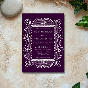 Convite Casamento Vintage Deep Plum e Renda Branca Old Mon