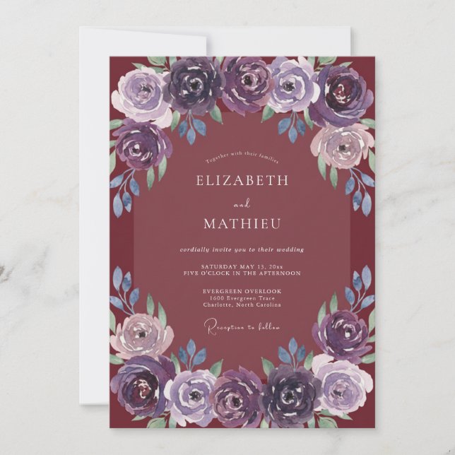 Convite Casamento Vintage Deep Plum Peony (Frente)