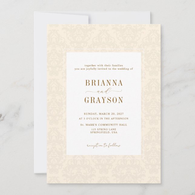 Convite Casamento Vintage Elegante Clássico Bege Script  (Frente)