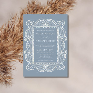 Convite Casamento Vintage em Azul Poeirento e Renda Branca
