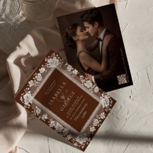 Convite Casamento Vintage em Marrom Chocolate com Renda Ol