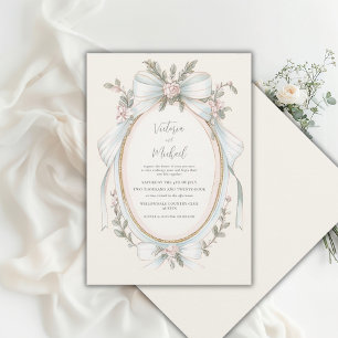 Convite Casamento Vintage em Verde Sálvia Floral Rosa Azul