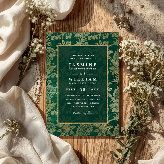 Convite Casamento Vintage Esmeralda Pavão Ouro Código QR (Criador carregado)