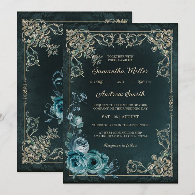 Convite Casamento Vintage Esmeralda Verde e Dourado (Frente/Verso)