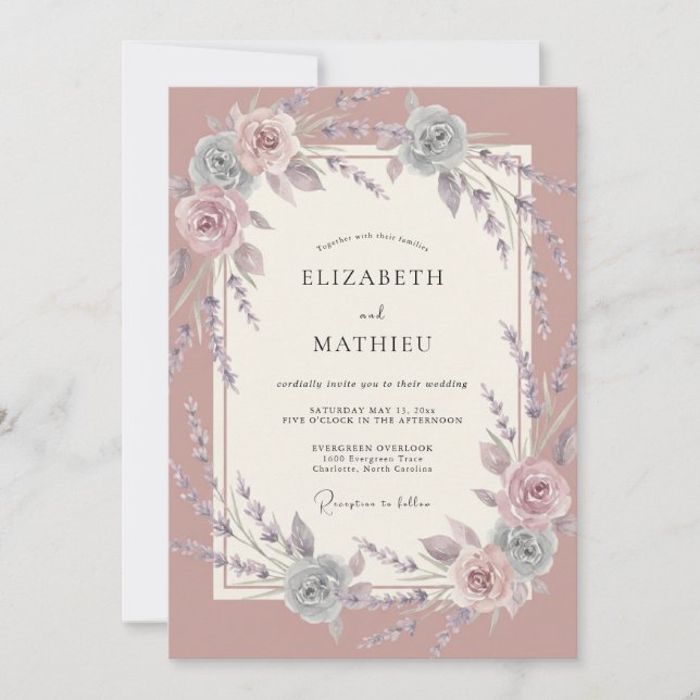 Convite Casamento Vintage Esplêndido Rosa Empoeirada (Frente)